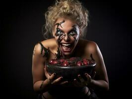 femme dans une Halloween costume en portant une bol de bonbons avec malicieux sourire ai génératif photo