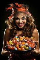 femme dans une Halloween costume en portant une bol de bonbons avec malicieux sourire ai génératif photo