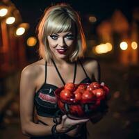 femme dans une Halloween costume en portant une bol de bonbons avec malicieux sourire ai génératif photo