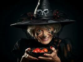 femme dans une Halloween costume en portant une bol de bonbons avec malicieux sourire ai génératif photo