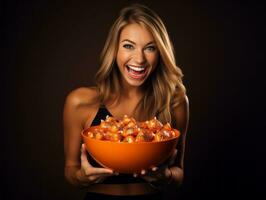 femme dans une Halloween costume en portant une bol de bonbons avec malicieux sourire ai génératif photo