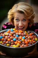 femme dans une Halloween costume en portant une bol de bonbons avec malicieux sourire ai génératif photo