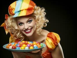 femme dans une Halloween costume en portant une bol de bonbons avec malicieux sourire ai génératif photo