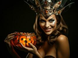 femme dans une Halloween costume en portant une bol de bonbons avec malicieux sourire ai génératif photo