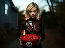 femme dans une Halloween costume en portant une bol de bonbons avec malicieux sourire ai génératif photo