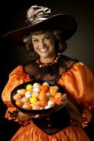 femme dans une Halloween costume en portant une bol de bonbons avec malicieux sourire ai génératif photo