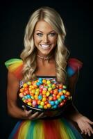 femme dans une Halloween costume en portant une bol de bonbons avec malicieux sourire ai génératif photo