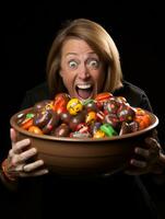 femme dans une Halloween costume en portant une bol de bonbons avec malicieux sourire ai génératif photo