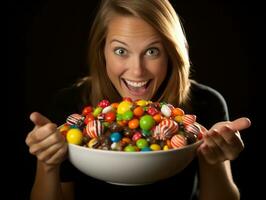 femme dans une Halloween costume en portant une bol de bonbons avec malicieux sourire ai génératif photo