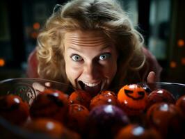 femme dans une Halloween costume en portant une bol de bonbons avec malicieux sourire ai génératif photo