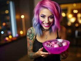 femme dans une Halloween costume en portant une bol de bonbons avec malicieux sourire ai génératif photo