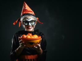 femme dans une Halloween costume en portant une bol de bonbons avec malicieux sourire ai génératif photo