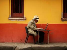 vieux colombien homme travail sur une portable dans une vibrant Urbain réglage ai génératif photo