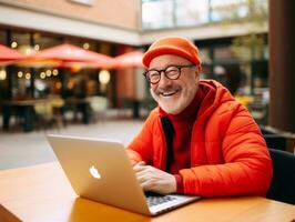 vieux colombien homme travail sur une portable dans une vibrant Urbain réglage ai génératif photo