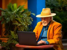 vieux colombien homme travail sur une portable dans une vibrant Urbain réglage ai génératif photo