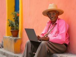 vieux colombien homme travail sur une portable dans une vibrant Urbain réglage ai génératif photo