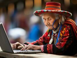 vieux colombien femme travail sur une portable dans une vibrant Urbain réglage ai génératif photo