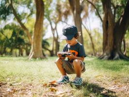 enfant de Colombie en utilisant téléphone intelligent pour en jouant Jeux ai génératif photo