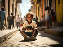 enfant de Colombie en utilisant téléphone intelligent pour en jouant Jeux ai génératif photo