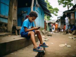 enfant de Colombie en utilisant téléphone intelligent pour en jouant Jeux ai génératif photo