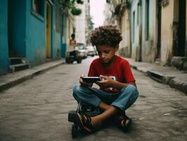 enfant de Colombie en utilisant téléphone intelligent pour en jouant Jeux ai génératif photo