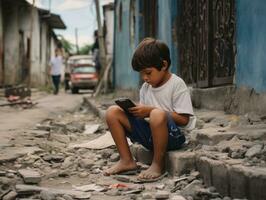 enfant de Colombie en utilisant téléphone intelligent pour en jouant Jeux ai génératif photo
