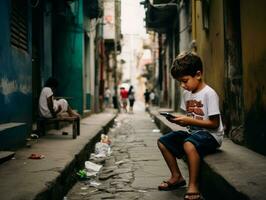 enfant de Colombie en utilisant téléphone intelligent pour en jouant Jeux ai génératif photo