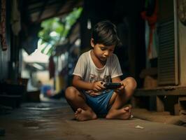 enfant de Colombie en utilisant téléphone intelligent pour en jouant Jeux ai génératif photo