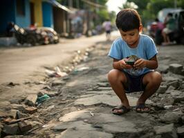 enfant de Colombie en utilisant téléphone intelligent pour en jouant Jeux ai génératif photo