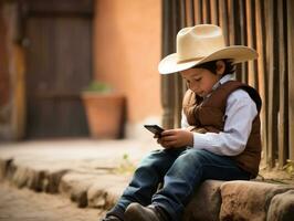 enfant de Colombie en utilisant téléphone intelligent pour en jouant Jeux ai génératif photo