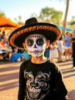 enfant dans journée de le mort maquillage avec espiègle émotif dynamique pose ai génératif photo