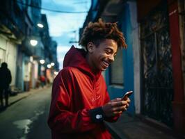 adolescent de Colombie en utilisant une téléphone intelligent pour en jouant Jeux ai génératif photo