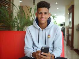 adolescent de Colombie en utilisant une téléphone intelligent pour en jouant Jeux ai génératif photo