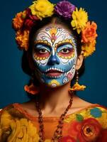 femme dans vibrant calavera maquillage fête le journée de mort ai génératif photo