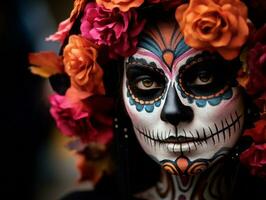 femme dans vibrant calavera maquillage fête le journée de mort ai génératif photo