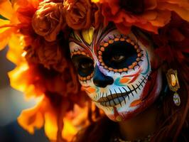 femme dans vibrant calavera maquillage fête le journée de mort ai génératif photo