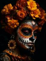 femme dans vibrant calavera maquillage fête le journée de mort ai génératif photo