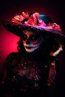 femme dans vibrant calavera maquillage fête le journée de mort ai génératif photo