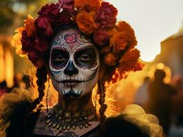 femme dans vibrant calavera maquillage fête le journée de mort ai génératif photo