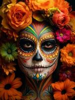 femme dans vibrant calavera maquillage fête le journée de mort ai génératif photo