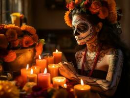 femme dans vibrant calavera maquillage fête le journée de mort ai génératif photo