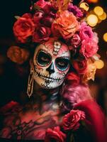 femme dans vibrant calavera maquillage fête le journée de mort ai génératif photo