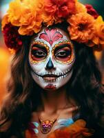 femme dans vibrant calavera maquillage fête le journée de mort ai génératif photo