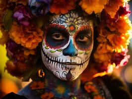 femme dans vibrant calavera maquillage fête le journée de mort ai génératif photo