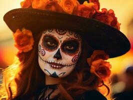 femme dans vibrant calavera maquillage fête le journée de mort ai génératif photo