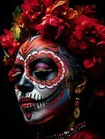 femme dans vibrant calavera maquillage fête le journée de mort ai génératif photo