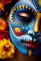 femme dans vibrant calavera maquillage fête le journée de mort ai génératif photo