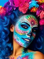 femme dans vibrant calavera maquillage fête le journée de mort ai génératif photo