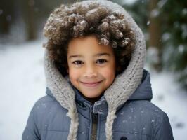 africain américain enfant jouit le hiver neigeux journée dans espiègle émotionnel dynamique pose ai génératif photo