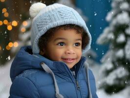 africain américain enfant jouit le hiver neigeux journée dans espiègle émotionnel dynamique pose ai génératif photo